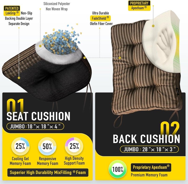 SUNROX Memory Foam Non Slip Rocking Chair Cushion, FadeShield Water Resistant Thicken Durable Tufted Pads, Set of Seat & Back Cushion with Ties for Indoor/Outdoor Rocker, 2 Piece, Cocoa Stripe - Image 2